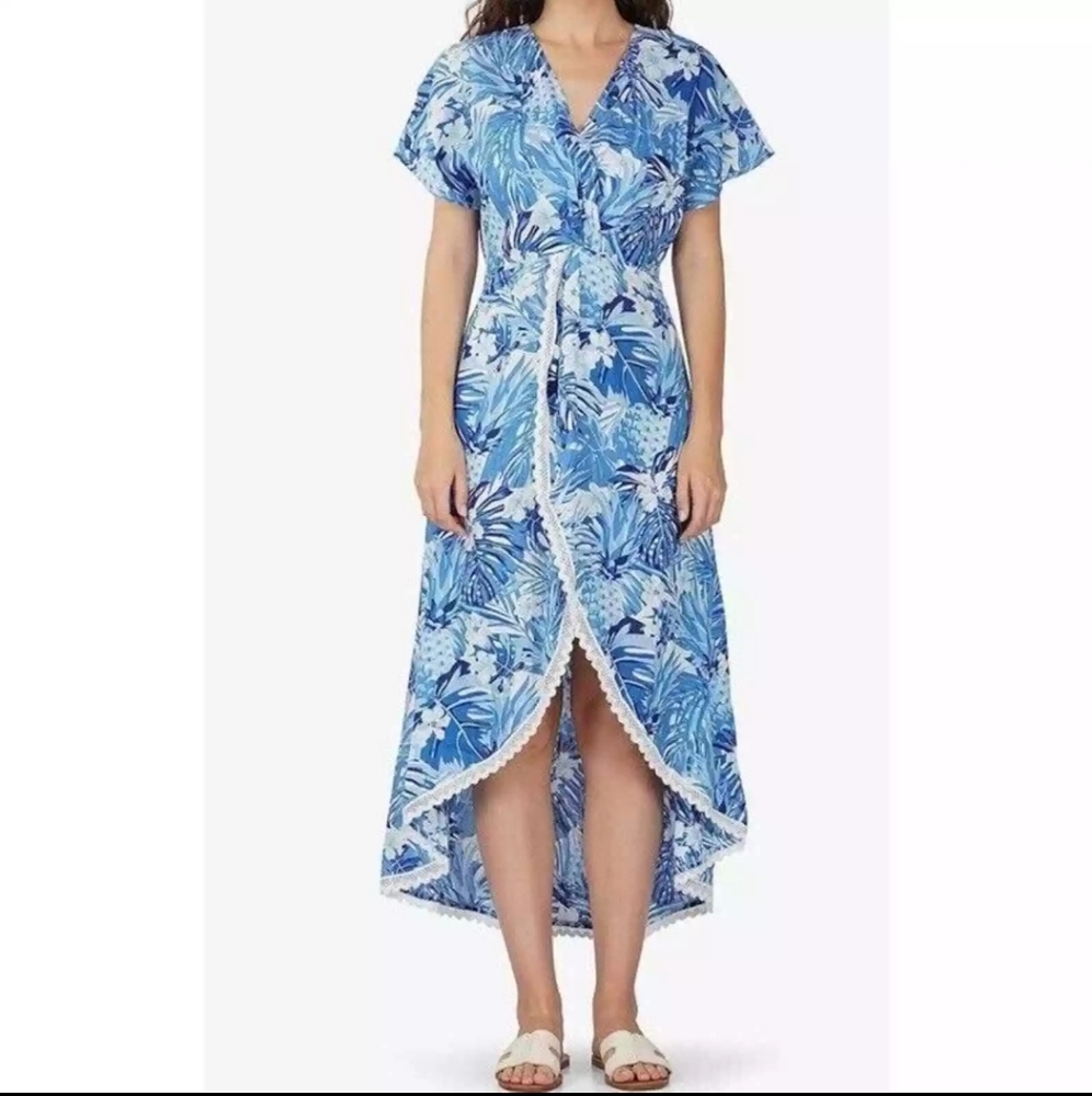 NWT America & Beyond Blue Floral Wrap Maxi Dress Cover Up